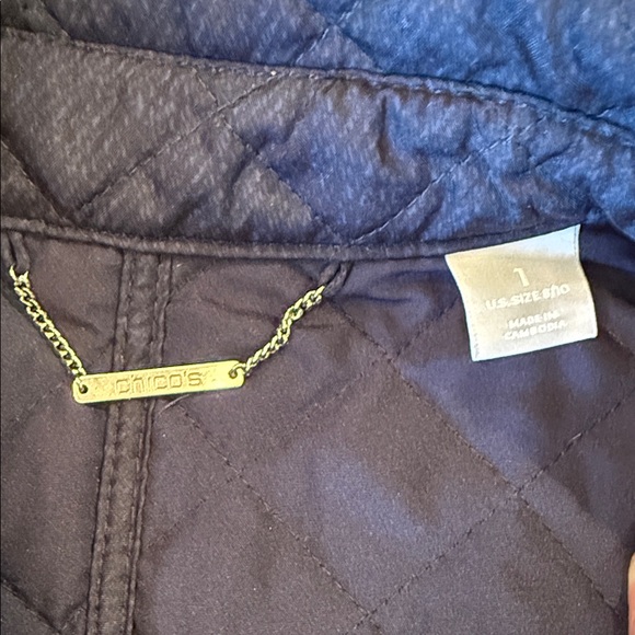 Chico's navy blue quilted jacket with brown trim and gold-tone buttons - Picture 2 of 8